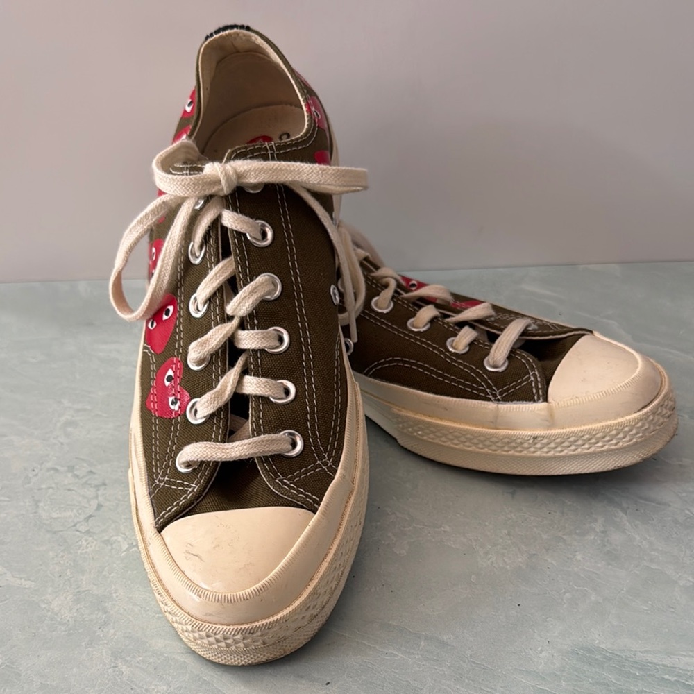 Converse x Play Comme de Garçon Olive Green High-Top Sneakers with Heart Accents